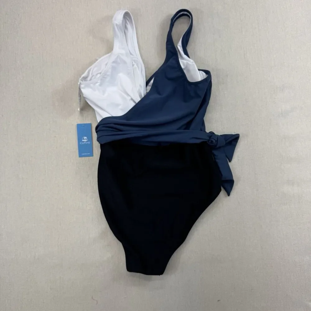 CUPSHE One Piece Swimsuit M Blue White Black Colorblock Wrap Tie NWT Medium